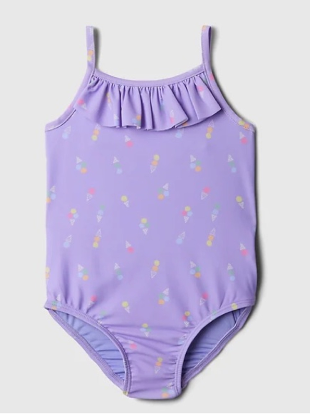 Kids Purple Ruffle One-Piece Swimsuit with Ice Cream Print